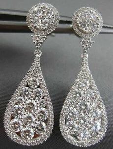 ESTATE LARGE 2.88CT DIAMOND 18K WHITE GOLD 3D CLUSTER TEAR DROP HANGING EARRINGS