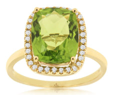 LARGE 4.43CT DIAMOND & AAA PERIDOT 14KT YELLOW GOLD 3D CUSHION & ROUND HALO RING