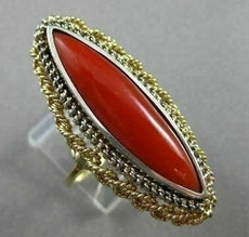 ANTIQUE MASSIVE 14K WHITE & YELLOW GOLD AAA CORAL ELONGATED COCKTAIL RING #22029