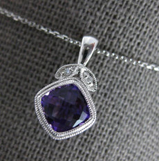 .83CT DIAMOND & AAA AMETHYST 14KT WHITE GOLD 3D CUSHION & ROUND FLOATING PENDANT