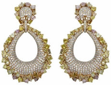 EXTRA LARGE 13.81CT MULTI COLOR DIAMOND 18KT YELLOW ROSE GOLD TEAR DROP EARRINGS