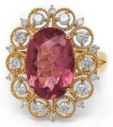 LARGE 5.16CT DIAMOND & AAA PINK TOURMALINE 18KT YELLOW GOLD 3D OVAL & ROUND RING