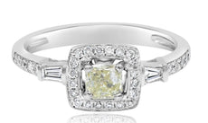 .78CT WHITE & FANCY YELLOW DIAMOND 18KT WHITE GOLD ROUND CUSHION & BAGUETTE RING