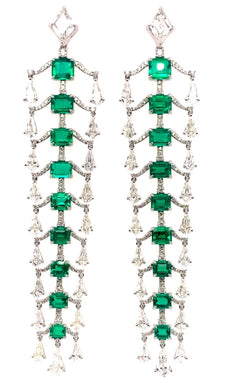 LARGE 20.68CT DIAMOND & AAA EMERALD 18KT WHITE GOLD CHANDELIER HANGING EARRINGS