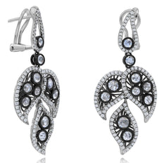 LARGE 2.98CT DIAMOND 18KT BLACK & WHITE GOLD MULTI LEAF CLIP ON HANGING EARRINGS