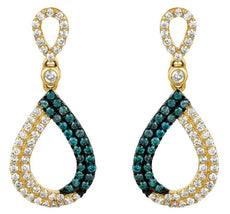 .84CT WHITE & BLUE DIAMOND 14K BLACK & YELLOW GOLD 2 ROW OPEN TEAR DROP EARRINGS