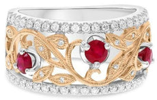 .99CT DIAMOND & AAA RUBY 14K WHITE & ROSE GOLD 3D LEAF FILIGREE ANNIVERSARY RING