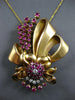 ANTIQUE EXTRA LARGE 5.52CT DIAMOND & AAA RUBY 18KT ROSE GOLD BOW BROOCH PENDANT
