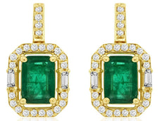 2.41CT DIAMOND & AAA EMERALD 14KT YELLOW GOLD ROUND & BAGUETTE HANGING EARRINGS