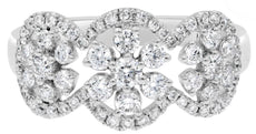 ESTATE WIDE .80CT DIAMOND 14KT WHITE GOLD 3D 3 FLOWER HALO LOVE RING