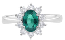 1.16CT DIAMOND & AAA EMERALD 18KT WHITE GOLD 3D OVAL & ROUND CLASSIC FLOWER RING