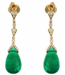 LARGE 15.35CT DIAMOND & AAA EMERALD 18KT YELLOW GOLD PEAR SHAPE & ROUND EARRINGS