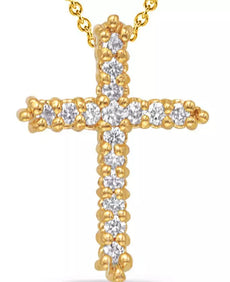 ESTATE .17CT DIAMOND 14KT YELLOW GOLD 3D CLASSIC PRONG CROSS FLOATING PENDANT