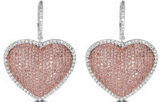 LARGE 3.31CT WHITE & PINK DIAMOND 18KT WHITE & ROSE GOLD HEART HANGING EARRINGS