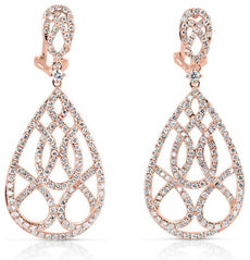 LARGE 2.93CT DIAMOND 14KT ROSE GOLD TEAR DROP FILIGREE CLIP ON HANGING EARRINGS