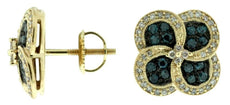.76CT WHITE & BLUE DIAMOND 14KT YELLOW & BLACK GOLD 3D FLOWER SCREWBACK EARRINGS