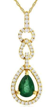 .84CT DIAMOND & AAA EMERALD 14K YELLOW GOLD ROUND & PEAR SHAPE LOVE KNOT PENDANT