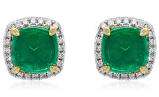 ESTATE 5.85CT DIAMOND & AAA EMERALD 18K 2 TONE GOLD SQUARE CLASSIC STUD EARRINGS
