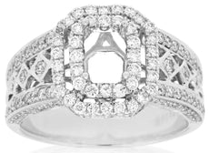 .95CT DIAMOND 14KT WHITE GOLD DOUBLE HALO EMERALD CUT SEMI MOUNT ENGAGEMENT RING