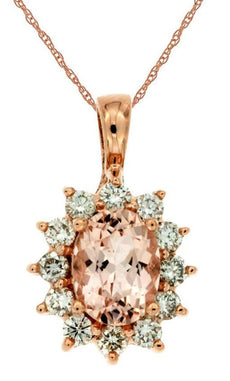1.63CT DIAMOND & AAA MORGANITE 14KT ROSE GOLD 3D OVAL & ROUND FLOWER PENDANT
