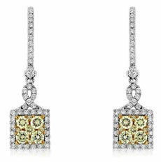 ESTATE 1.52CT WHITE & FANCY YELLOW DIAMOND 14KT WHITE GOLD HALO HANGING EARRINGS
