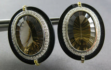 51.61CT DIAMOND & AAA SMOKY TOPAZ & ONYX 14K WHITE GOLD CLIP ON HANGING EARRINGS