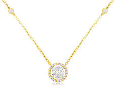 .33CT DIAMOND 14KT YELLOW GOLD 3D ROUND CLUSTER FLOWER HALO BY THE YARD NECKLACE