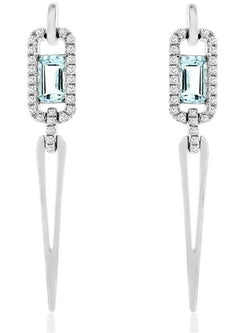 .69CT DIAMOND & AAA AQUAMARINE 14K WHITE GOLD SQUAR TRIANGULAR HANGING EARRINGS