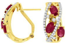 WIDE 2.08CT DIAMOND & AAA RUBY 14KT YELLOW GOLD 3D OVAL & ROUND HANGING EARRINGS
