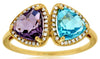 2.51CT DIAMOND & AAA AMETHYST & BLUE TOPAZ 14K YELLOW GOLD TRILLION & ROUND RING
