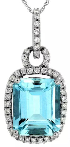 3.95CT DIAMOND & AAA AQUAMARINE 14KT WHITE GOLD 3D EMERALD CUT & ROUND PENDANT