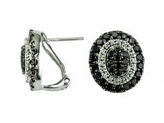 1.39CT WHITE & BLACK DIAMOND 14KT WHITE GOLD CLUSTER OVAL HALO CLIP ON EARRINGS