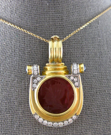 ANTIQUE LARGE DIAMOND & AAA SAPPHIRE 18K 2 TONE GOLD 3D CORNELIAN PENDANT 28157