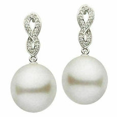 ESTATE .15CT DIAMOND & AAA SOUTH SEA PEARL 14K WHITE GOLD INFINITY LOVE EARRINGS