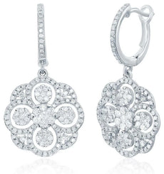 LARGE 1.48CT DIAMOND 14KT WHITE GOLD MULTI FLOWER 4 LEAF CLOVER HANGING EARRINGS