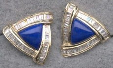 1.35CT DIAMOND & AAA LAPIS 14KT YELLOW GOLD 3D TRILLION & BAGUETTE FUN EARRINGS
