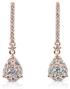 ESTATE 1.15CT DIAMOND 14KT ROSE GOLD CLASSIC CLUSTER TEAR DROP HANGING EARRINGS
