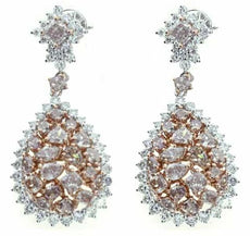 LARGE 7.35CT WHITE & PINK DIAMOND 18K WHITE & ROSE GOLD CLUSTER HANGING EARRINGS