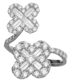LARGE 1.74CT DIAMOND 18KT WHITE GOLD 3D ROUND & BAGUETTE DOUBLE FLOWER LOVE RING