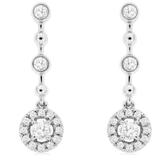 .27CT DIAMOND 14KT WHITE GOLD 3D CLASSIC SOLITAIRE FLOWER BEZEL HANGING EARRINGS
