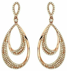 ESTATE LARGE .95CT DIAMOND 14K ROSE GOLD 3D MULTI ROW TEAR DROP HANGING EARRINGS