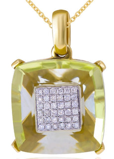 5.83CT DIAMOND & AAA LEMON QUARTZ 14KT YELLOW GOLD 3D CUSHION FLOATING PENDANT