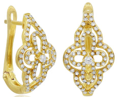 .52CT DIAMOND 14KT YELLOW GOLD DOUBLE FLOWER CLASSIC LEVERBACK HANGING EARRINGS