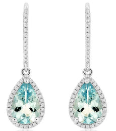 2.32CT DIAMOND & AAA AQUAMARINE 14KT WHITE GOLD PEAR SHAPE HALO HANGING EARRINGS