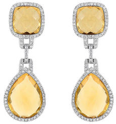 LARGE 28.69CT DIAMOND & AAA CITRINE 14K WHITE GOLD 3D LOVE KNOT HANGING EARRINGS