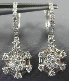 LARGE 14KT WHITE GOLD HUGGIE HANGING EARRINGS. 3D FLOWER OCTAGON DESIGN