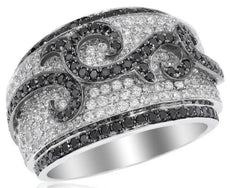 WIDE 1.97CT WHITE & BLACK DIAMOND 14KT WHITE GOLD 3D FILIGREE ANNIVERSARY RING
