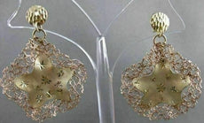 ESTATE LARGE 14K ROSE YELLOW GOLD HANGING STAR FILIGREE HOOP EARRINGS 38MM #2682