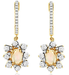 1.22CT DIAMOND & AAA OPAL 14KT YELLOW GOLD ROUND & OVAL FLOWER HANGING EARRINGS