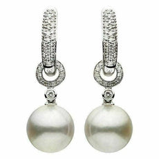 ESTATE .49CT DIAMOND & AAA SOUTH PEARL 18K WHITE GOLD 3D HUGGIE HANGING EARRINGS